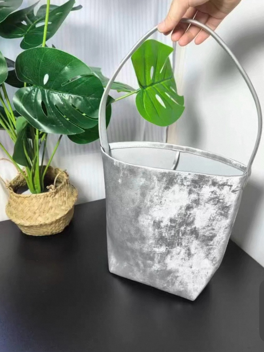 Silver Velvet Tote Basket - Home Accents